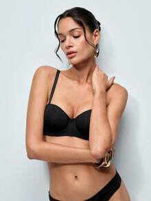 Softvol 1pc Women's Comfortable Soft Cotton Wireless Half-Cup Lift Bra, Suitable For Small Bust - Black - View 5