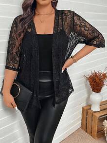 Comfylo Plus Size Women's Lace Half Sleeve Open Front Cardigan - Black - View 1
