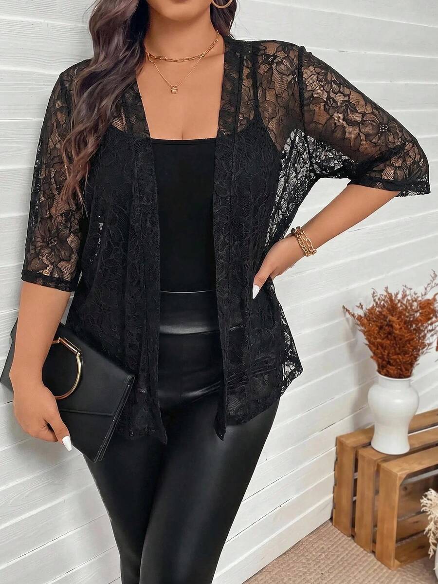 Comfylo Plus Size Women's Lace Half Sleeve Open Front Cardigan - Black - View 1