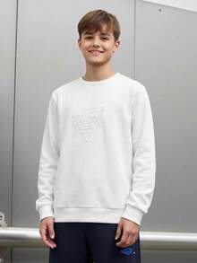 SHEIN Teen Boys Casual Loose Comfortable Versatile Solid Color Embossed Pattern Crew Neck Sweatshirt - White - View 1