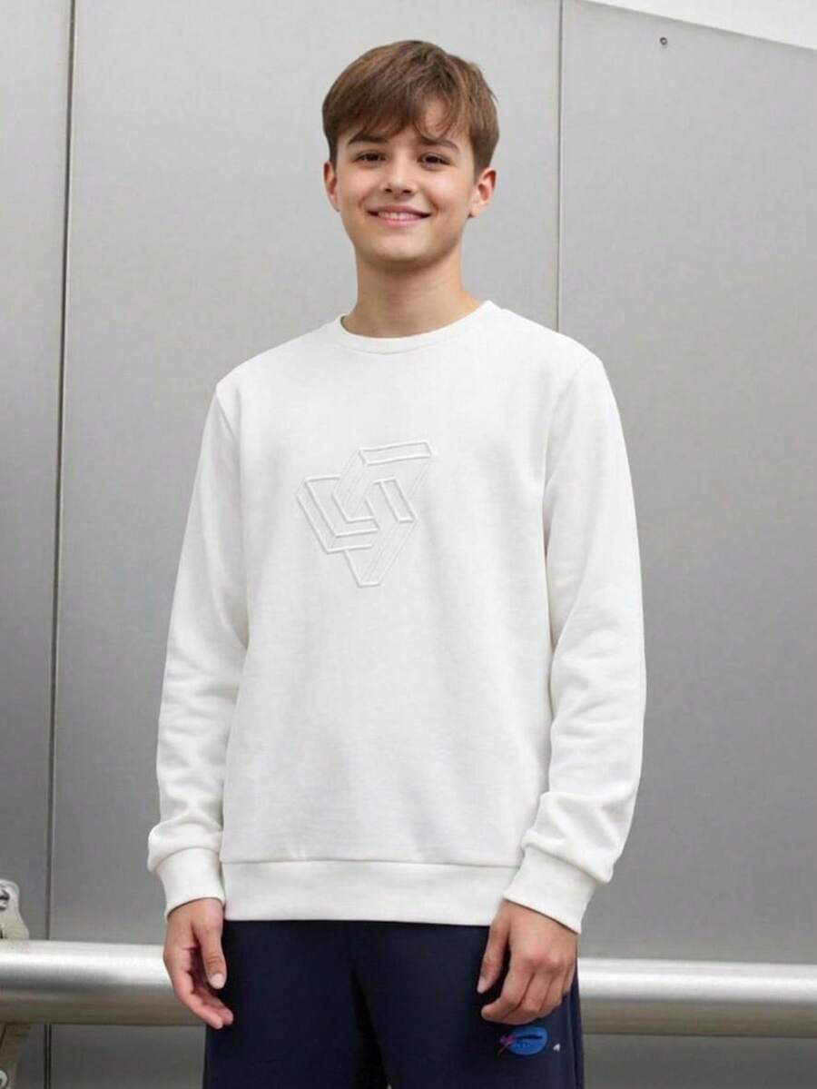 SHEIN Teen Boys Casual Loose Comfortable Versatile Solid Color Embossed Pattern Crew Neck Sweatshirt - White - View 1