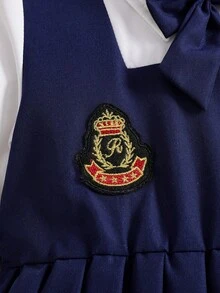 Elladie kids 女童學院風花童公主假兩件式洋裝 白色長袖上衣搭配海軍藍百褶吊帶裙 開學季秋季婚禮穿搭 - 藏蓝色 - 查看 7