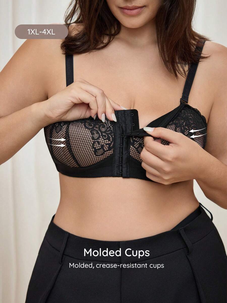 Bralution Black Bandeau Front Closure Push Up Bra, Non-Slip Lace Patchwork, Lift And Support, High Coverage 1/2 Cup Comfy Balconette Bra, Plus Size Summer Sexy - Black - View 1