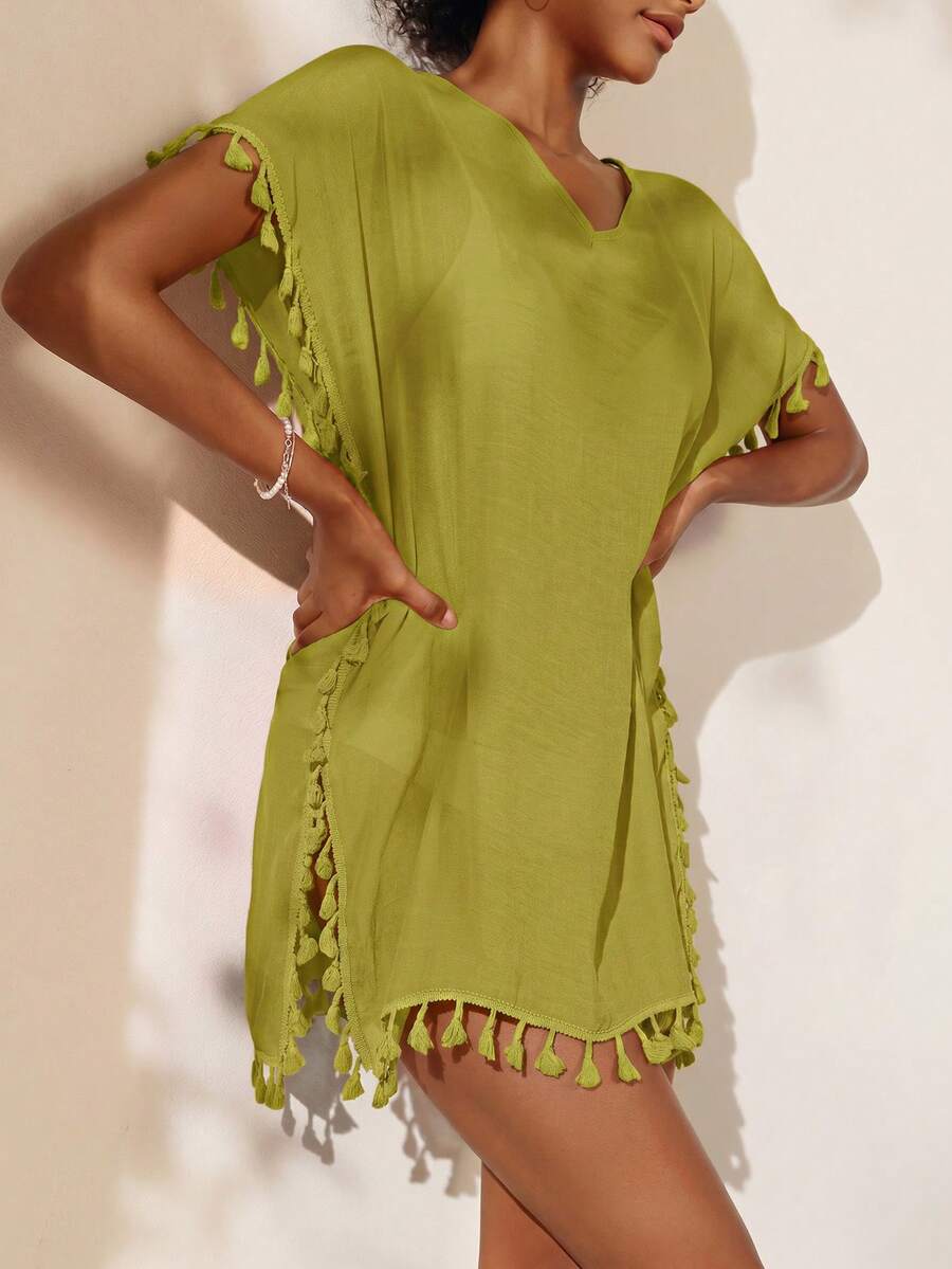 Breezaya فستان تغطية نسائي بتصميم بسيط مع حافة مزينة بشرابات منسوجة - Limelight Green - مشاهدة 1