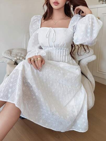 Feyla Gaun Wanita Elegan Gaya Prancis dengan Pinggang Ramping, Lipit, Jacquard, dan Detail Lubang-lubang