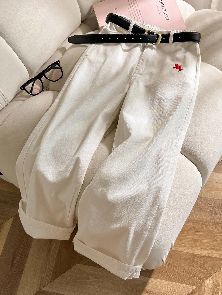 SHEIN 少女牛仔褲，休閒可愛甜美時尚街頭風百搭設計，白色，極簡 4/3 鬆緊腰頭，口袋，簡單刺繡下擺，寬鬆無彈力牛仔直筒褲，柔軟棉質牛仔布，日常通勤，2026 夏季新品