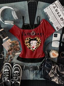 Attitoon Betty Boop x SHEIN 女款休閒復古拼色 Betty 聯名豹紋愛心短袖 T 恤，Grunge 風格，復古時尚，Y2K - 彩色 - 查看 3