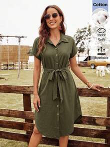 SHEIN LUNE 女款休閒夏季度假通勤日常基礎時尚外出穿搭短袖軍綠色中長洋裝 - 軍綠色 - 查看 1
