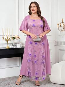 SHEIN Clasi 大尺碼夏季優雅3D花卉刺繡網紗拼接洋裝 - 紫色 - 查看 3