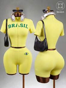 Mistrie Ensemble de sport athleisure pour femmes avec top court à col montant imprimé de lettres et short, vert et jaune, pour l'entraînement et la gym en été - Jaune citron - Voir 1