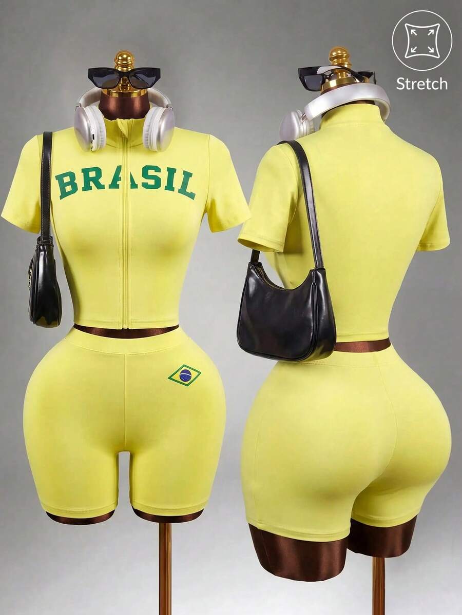 Mistrie Ensemble de sport athleisure pour femmes avec top court à col montant imprimé de lettres et short, vert et jaune, pour l'entraînement et la gym en été - Jaune citron - Voir 1