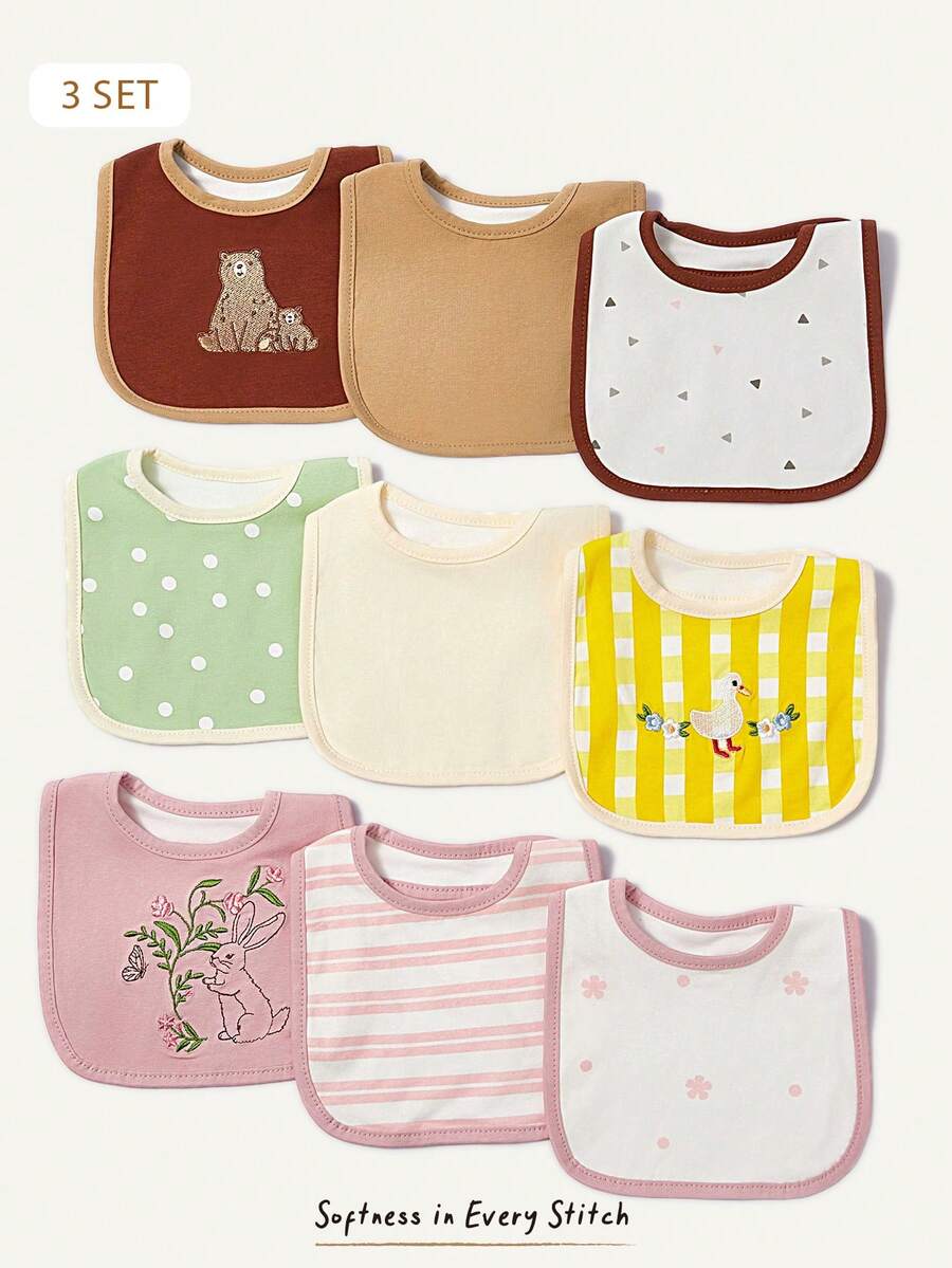 Cozy Pixies 3件組嬰兒圍兜 可水洗清潔,3套刺繡可愛動物圖案圍兜,適合新生兒禮物 - 彩色 - 查看 1