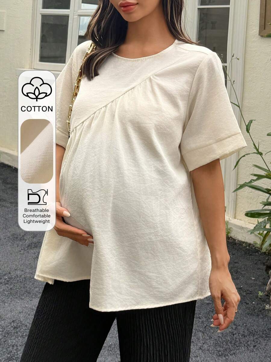 Dazy Maternity 小圓領套頭短袖白色春夏百搭日常穿著孕婦上衣 - 杏色 - 查看 1