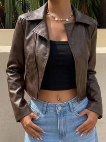 DAZY Women's Loose Casual Short PU Jacket Streetwear Style For Autumn And Winter - Brown - View 9