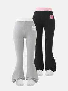 2pcs Solid Color Casual Basic Flare Leggings For Girls - Multicolor - View 7