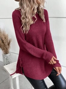 SHEIN LUNE Women's Solid Color Round Neck Raglan Long Sleeve Casual Pullover Sweater - Red Violet - View 5