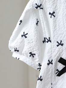 SHEIN 條紋前開鈕扣短袖休閒襯衫，燈籠袖，蝴蝶結抽褶腰部，A字版型，適合女孩夏季、通勤、度假 - 白色 - 查看 7