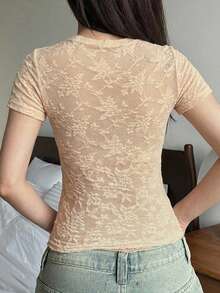 DAZY Lace Fitted Short Sleeve T-Shirt Summer Outfit Women's Pajama Top - Apricot - View 2