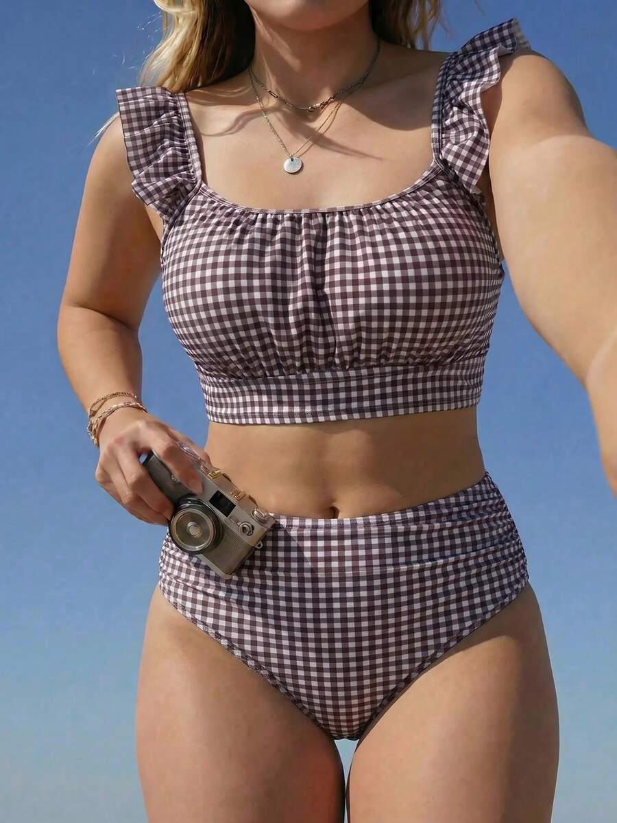 SHEIN Swim 2026 New Women's Plus Size Summer Fashion Bikini Set Set, Square Neck Lace Sleeve Plaid Print Cute Casual Vacation Swimwear 2-Piece Set
