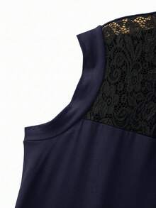 EMERY ROSE Plus Size Summer Casual Colorblock Lace Patchwork Dress - Navy Blue - View 3
