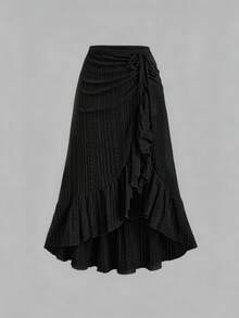 Sweetra French Elegant Gentle Girl Apricot Tone Intellectual Style Home Outdoor Gathering Exquisite Textured Jacquard Fabric Unique Drawstring Tie Design Spring Summer Elegant Long Minimalist Sexy Women's Skirt - Black - View 1