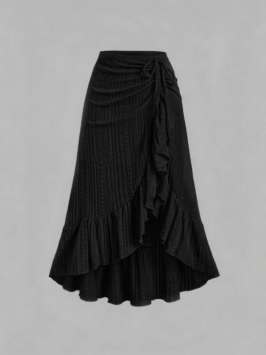 Sweetra French Elegant Gentle Girl Apricot Tone Intellectual Style Home Outdoor Gathering Exquisite Textured Jacquard Fabric Unique Drawstring Tie Design Spring Summer Elegant Long Minimalist Sexy Women's Skirt - Black - View 1