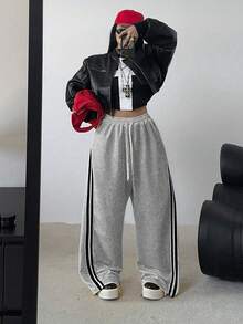 POPSWAY Plus Size Slouchy Sports Style Yellow Striped Sweatpants For Women, High Waist Drawstring Loose Wide Leg Pants, Autumn 2025 - Light Grey - View 4