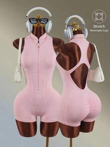 Amplova Solid Color Sleeveless Backless Athletic Romper Shorts - Pink - View 8