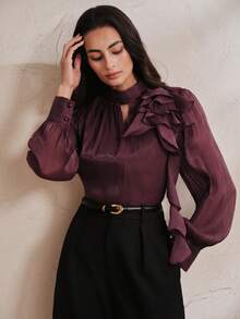 Anewsta Women's Elegant Heavy Embroidery Semi-High Neck Frill Trim Blouse - Purple - View 7