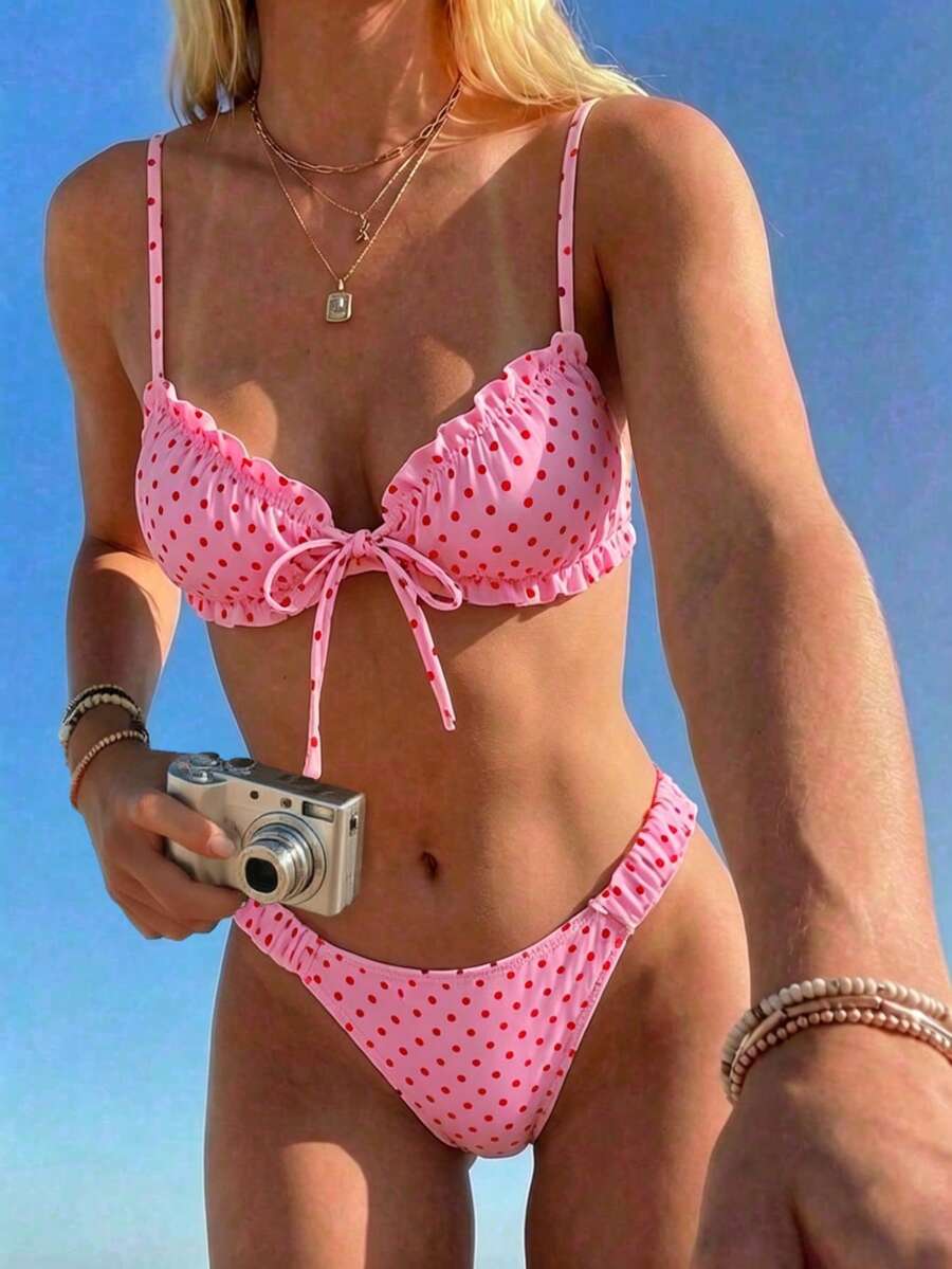 Swim Mod Spring/Summer Polka Dot Print Bikini Swimsuit For Women, Sexy Beach Vacation Swimwear With Double Shoulder Straps - Pink - View 1