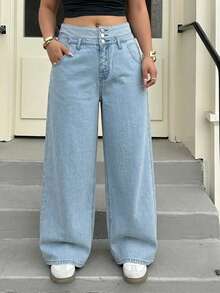 Dazy Plus Fashion Casual Colorblock Patchwork Waistband 3-Button Decor Loose Straight Leg Long Plus Size Women's Jeans All Seasons - Light Wash - View 6