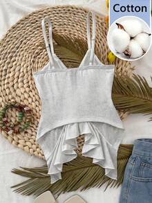 Selianne Camisola de Estilo Suave Francés con Lazo Delantero y Volantes, Top de Tirantes Ajustado y Favorecedor - Gris Claro - Ver 2