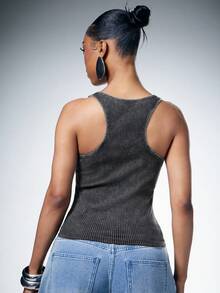 Denimoi Washed Rib Illusion Tank Top Fashion Tops Sexy Tops Fashionable Streetwear Washed Top - Black - View 4