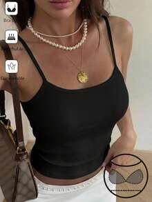 DAZY 純色修身無袖內搭背心，內建胸墊，夏季女款層次穿搭上衣 - 黑色 - 查看 3