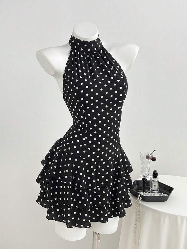 Elamini Women's Autumn Black Polka Dot Print Halter Neck Tie Back Open Back Multi-Layer Ruffle Waist A-Line Mini Dress, Vintage Romantic, Versatile For Shopping, Dating, Commuting, Daily Wear