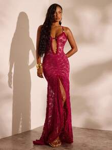 Opulessa Casual Solid Color Knit Spaghetti Strap Side Slit Dress For Women - Purple - View 7