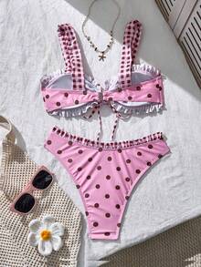 Swim Mod Women's Summer Beach Polka Dot Plaid Ruched Bikini Top And Triangle Bottom Two-Piece Swimsuit Set Pink And Black Polka Dot Cute - Pink - View 2