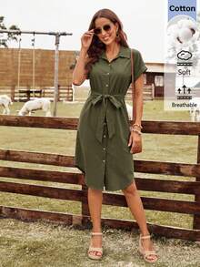 SHEIN LUNE 女款休閒夏季度假通勤日常基礎時尚外出穿搭短袖軍綠色中長洋裝 - 軍綠色 - 查看 5
