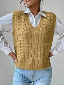 SHEIN PariChic Women's Solid Color Casual Versatile Daily Wear Knitted Vest - Camel - View 6