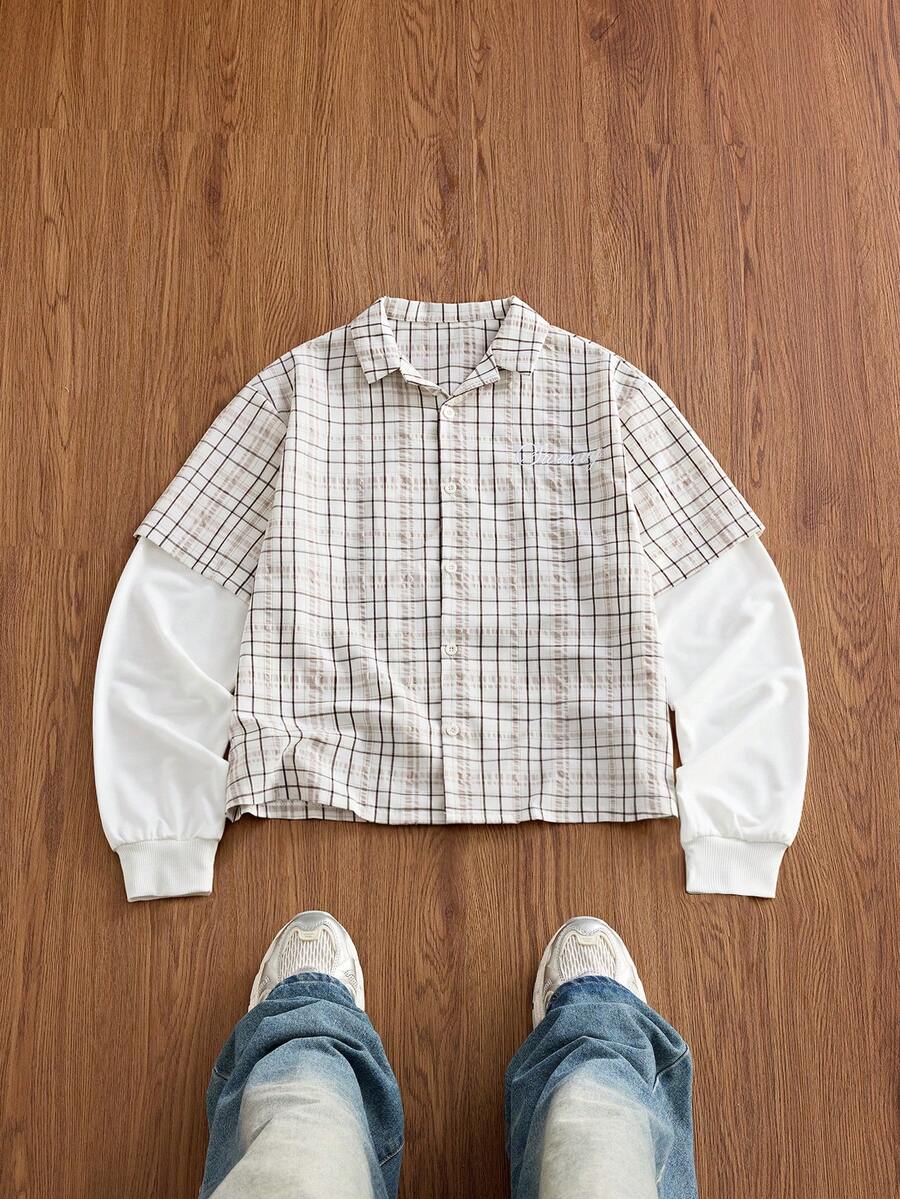 SWAVVY Men's Plaid Embroidered Single-Breasted 2 In 1 Shirt - Apricot - View 1