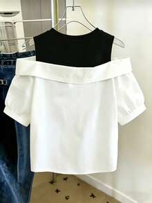 Franclia Casual Loose Round Neck Contrast Color Off-Shoulder Shirt, White And Black Blouse With Short Sleeve, 2 In 1 For Women Daytime Summer - White - View 2