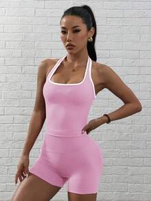 SHEIN Dewbera 女款高腰瑜伽運動套裝 - 粉色 - 查看 7