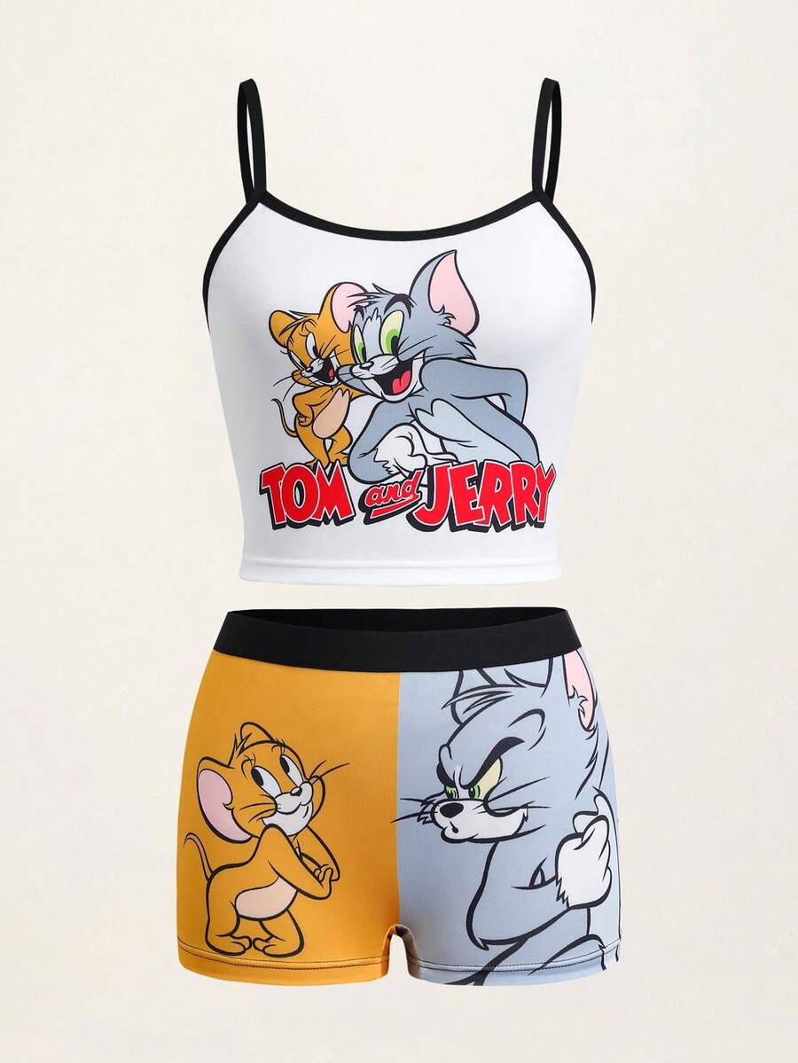 TOM & JERRY X SHEIN Women's Letter Cartoon Print Camisole Bra Set - White - View 1