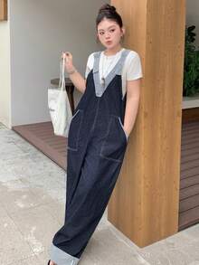 Dazy Plus Overall Denim Kasual Longgar Panjang Tanpa Lengan dengan Potongan Garis-garis dan Leher V Dalam untuk Wanita Ukuran Plus, Cocok untuk Musim Semi, Musim Panas, dan Musim Gugur. - Dark Wash - View 7