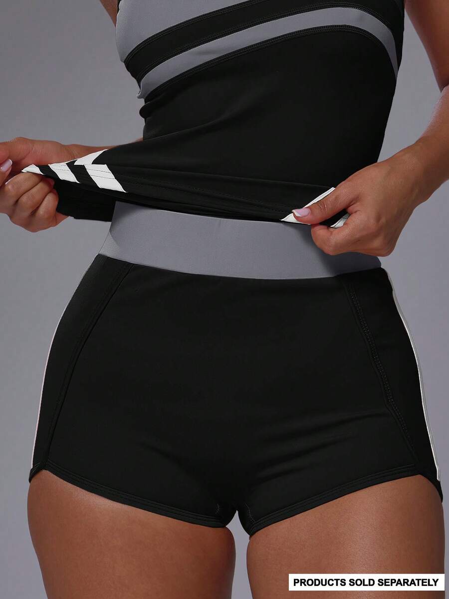 Musera Sport 對比色腰帶側條縫線細節運動迷你短褲套裝下身單件 健身運動 普拉提 跑步 Slowburn - 黑色 - 查看 1