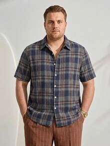 VeloEdit 大码男士前扣短袖格子简约休闲上衣 - 彩色 - 查看 1