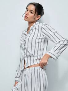 Softvol 女士宽松舒适透气条纹长袖上衣和裤子两件套家居服，冬季服装 - 白色 - 查看 6