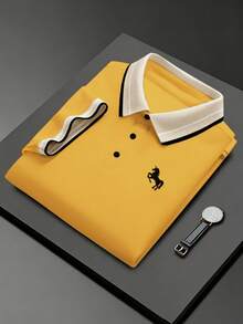 Calvornis 男士羅紋領刺繡短袖休閒 Polo 衫 - 黃色 - 查看 2