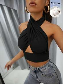 SHEIN BAE Top de tirantes de punto negro con cuello halter, fruncido y superpuesto - Negro - Ver 3