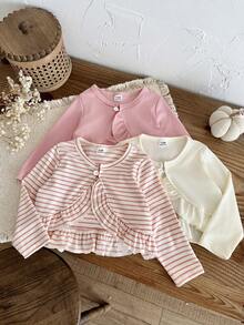 SHEIN 3pcs/Set Baby Girl Casual Ruffle Long Sleeve Cardigan, Suitable For Spring And Autumn Outings - Multicolor - View 3
